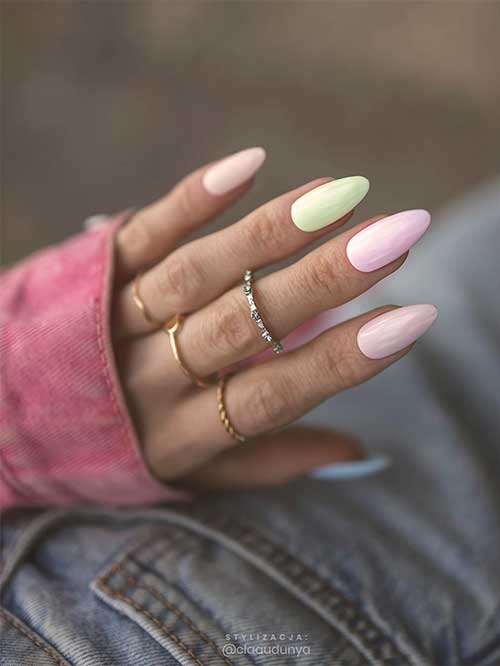 Medium almond-shaped multicolor pastel nails 2023 for springtime