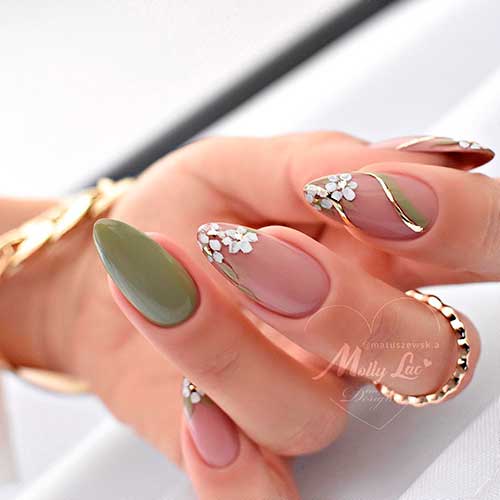 Medium almond shaped olive and nude pink spring nails with white floral tips