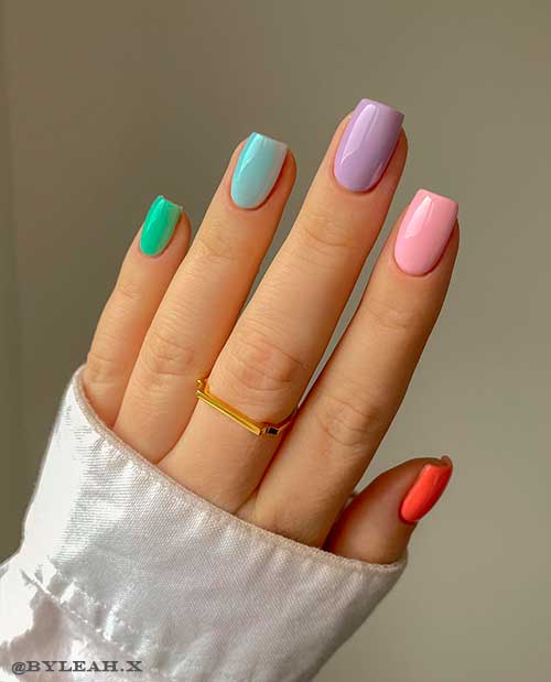 Medium square glossy spring multicolor pastel nails design