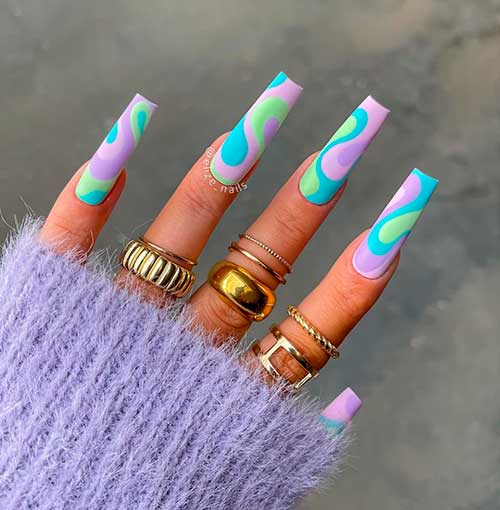 Multicolored Summer Swirl Coffin Nail Design Long Multicolored Summer Swirl Coffin Nails Design
