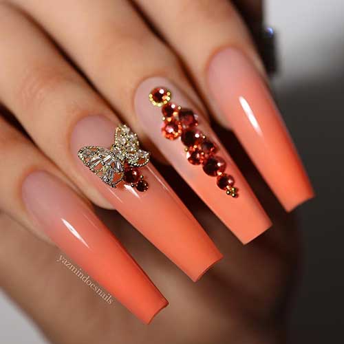Long Coffin Orange Ombre Nails with Bling and Butterflies on Two Accent Nails