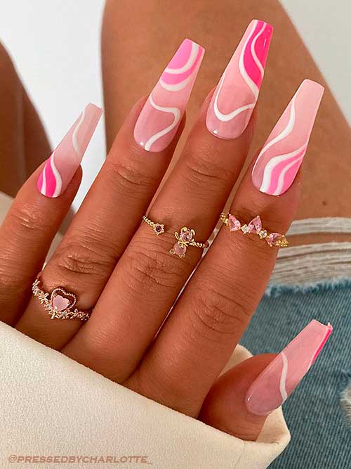 Long Coffin Shaped Pink and White Swirl Nails - The Cutest Summer Coffin Nail Designs 2022