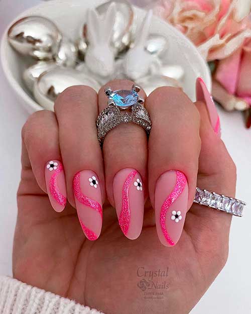 Shimmer Pink Swirl Nails with Daisy Flowers Long Shimmer Pink Swirl Nails with Daisy Flowers for Spring and Summer Times