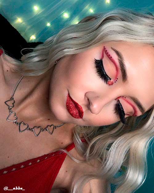 Shimmery Lips with Matte Red and Nude Eye Makeup Look for Valentine's Day