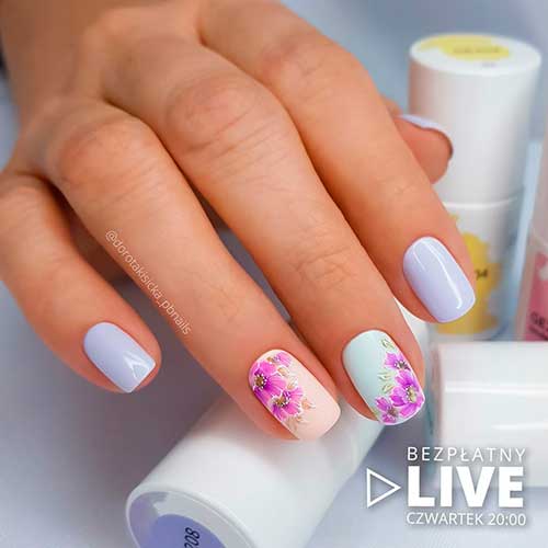 Short Pastel Blue Nails Design with Purple Flowers On Two Accents