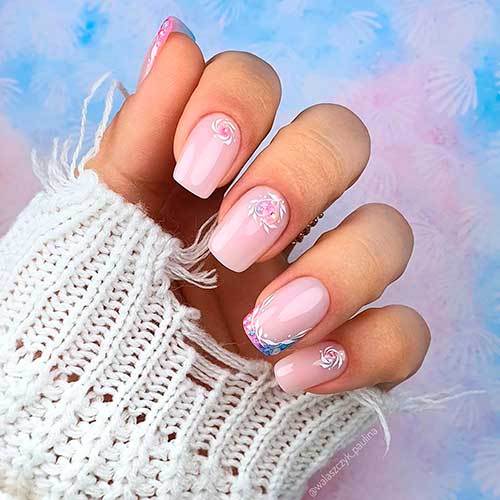 Square Shaped Simple Floral Nail Design with Nude Pink Base Color and Two Accent French Nail Tips