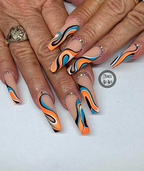 Summery Matte Swirl Nails Design Consists of Orange, Blue, Black, and White Swirls with Rhinestones