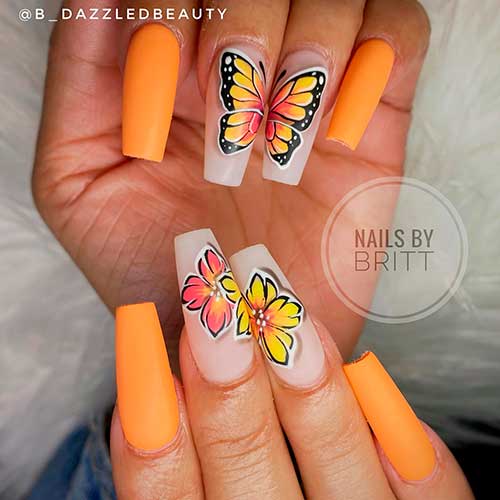 Long Coffin Matte Yellow Orange Summer Nails with A Butterfly and Flowers on Nude Accents