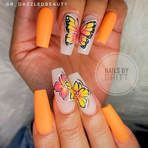 Yellow Orange Summer Nails Long Coffin Matte Yellow Orange Summer Nails with A Butterfly and Flowers on Nude Accents