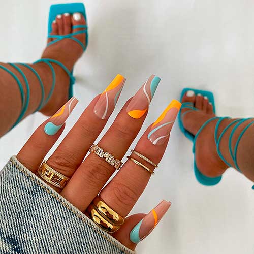 Yellow, White, and Light Blue Swirl Nail Design Yellow, White, and Light Blue Swirl Coffin Nail Design