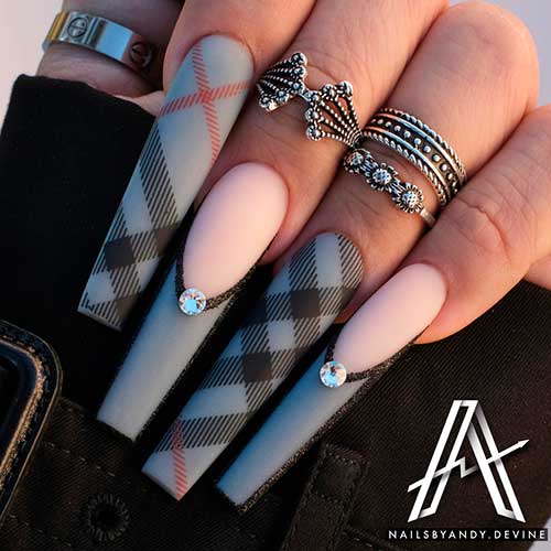 Checkered Extra Long Coffin Grey Nails design with Two Crystals On Grey French Tip Nails