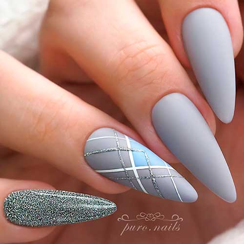 Classy Almond Matte Gray Nails with Silver Glitter design