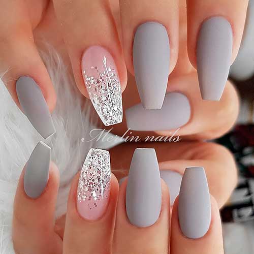 Classy Coffin Matte Grey Nails with Accent Nude Pink Nail with Silver Glitter on the Nail Tip