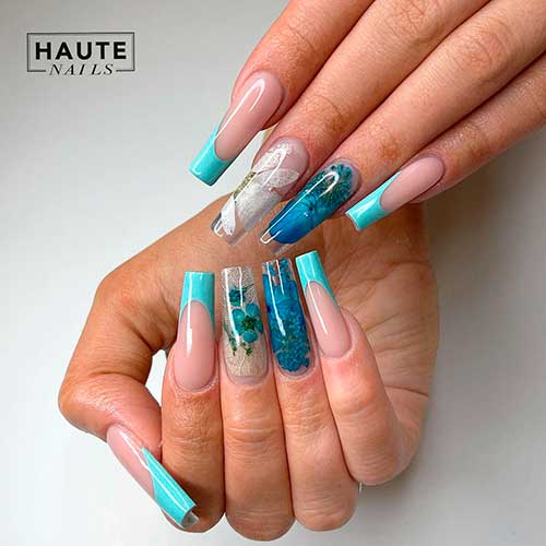 Cute Glass-Like Encapsulate Flower and Blossom Nails with Turquoise French Nails