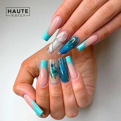 Cute Glass-Like Flower and Blossom Nails Cute Glass-Like Encapsulate Flower and Blossom Nails with Turquoise French Nails