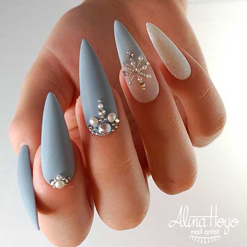 Grey Stiletto Matte Grey Nails design with Rhinestones and Accent Glitter Nail