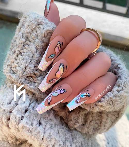 Long Coffin Glitter White French Tip Nails with Colorful Butterflies for Spring and Summer Seasons