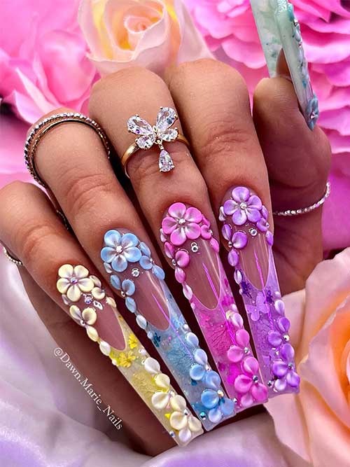 Long 3D Colorful French Blossom Nails with Rhinestones