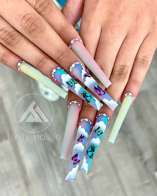 Long Matte Ombre Nails with Rhinestones and Two Accent Cloud Butterfly Nails Design