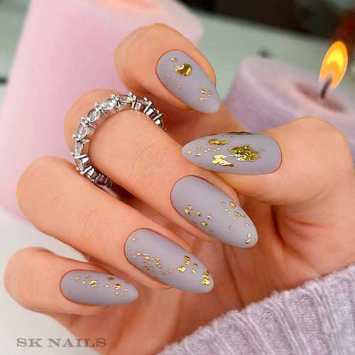 Long Round Matte Gray Nails with Gold Foil Patches Design 