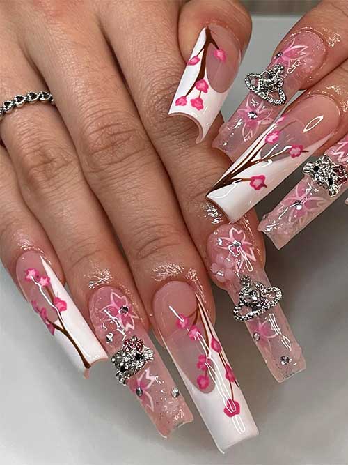 White French Cherry Blossom Nails Long Square White French Cherry Blossom Nails 2023 with Rhinestones