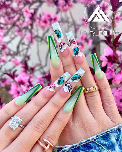 Long coffin double french tip nails with two accent ombre butterfly nails for spring and summer seasons