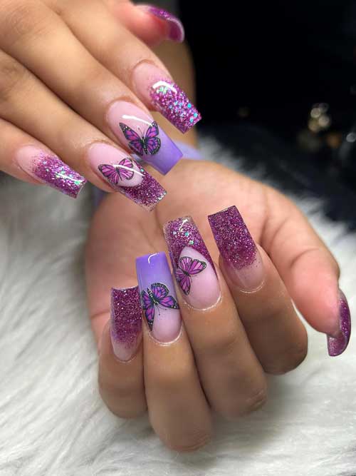 Long square-shaped butterfly nails 2023 with glitter, ombre, and French tip accent nails
