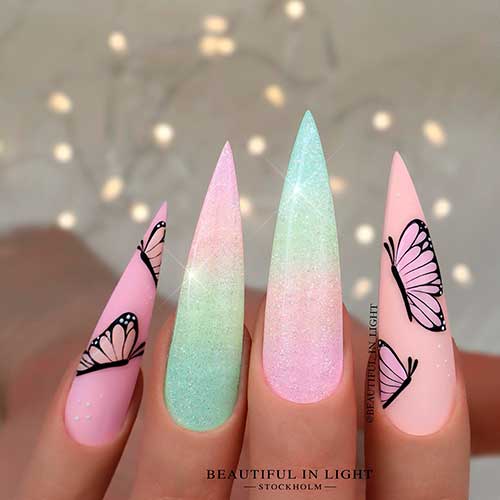 Long stiletto butterfly nails with two accent ombre nails for spring and summer seasons