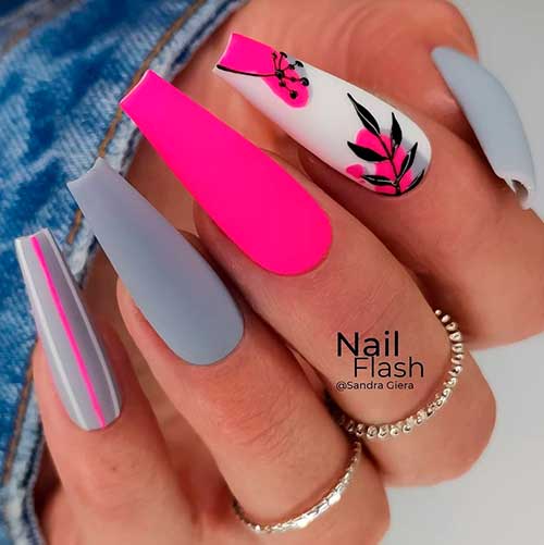 Matte Neon Pink and Grey Nails Design with Striped and Leaf Nail Art on Accents