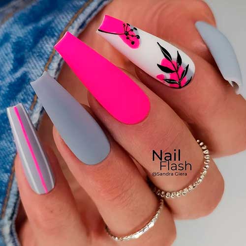 Matte Neon Pink and Grey Nails Design with Striped and Leaf Nail Art on Accents Matte Neon Pink and Grey Nails Design with Striped and Leaf Nail Art on Accents
