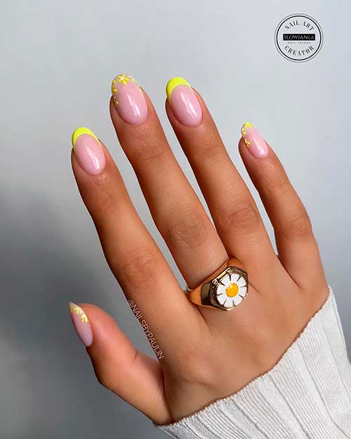 Neon Yellow French Blossom Nails Design For Spring Time