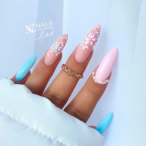 Pastel Almond Blue and Pink with Blossom Nails Design