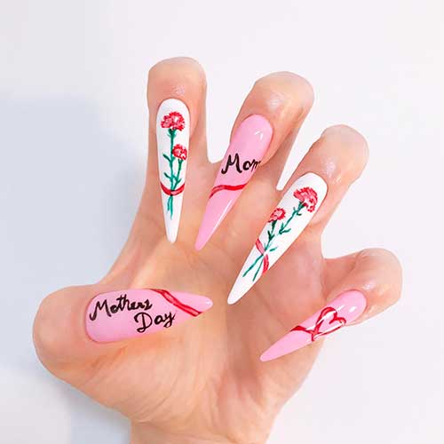 Pink and White Floral Calligraphy Stiletto Mother's Day Nails Design