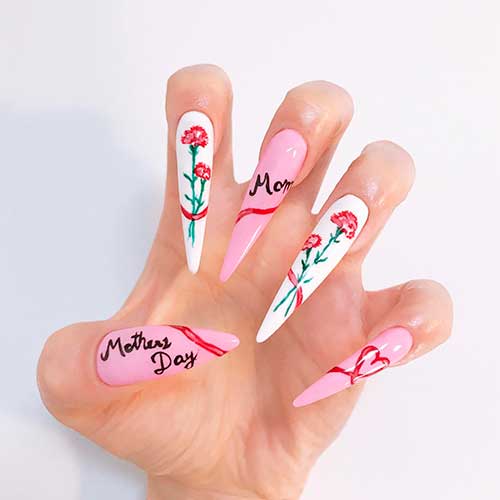 Calligraphy Stiletto Mother's Day Nails Design Pink and White Floral Calligraphy Stiletto Mother's Day Nails Design