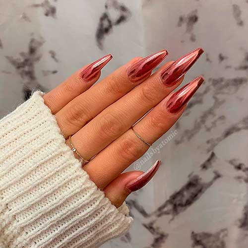 Long Coffin Metallic Rose Gold Chrome Nails 2022 Set