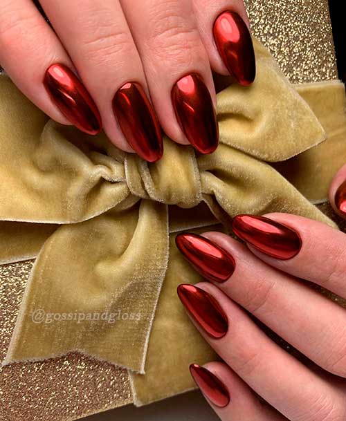 Cute Long Round Red Chrome Nails Set That Suits All Year Round