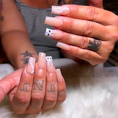 Easter Acrylic Nails with Flower and Bunny Long Square Shaped Easter Acrylic Nails with Flower and Bunny on Accents