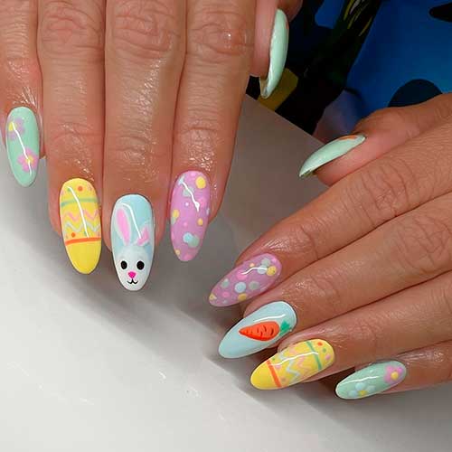 Long Round Easter Pastel Multicolored Themed Nails