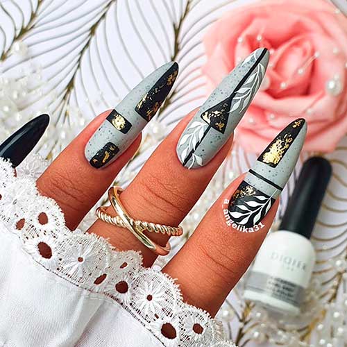 Elegant Black and Grey Nails Long Elegant Black and Grey Nails with Leaf Nail Art and Gold Foil Transfer Patches