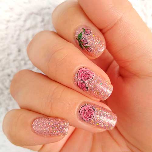 Elegant Glitter Simple Mother's Day Nails Design with Stamping Roses