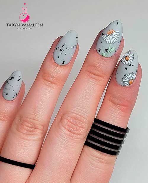 Medium Length Floral Matte Grey Nails 2022 Design with Black Speckles