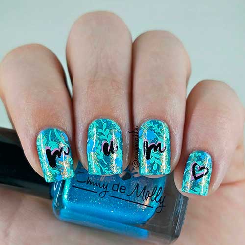 Glittery Mum Leaf Nail Art Design Short Square Shaped Glittery Mum Leaf Nail Art Design for Mother's Day 2022