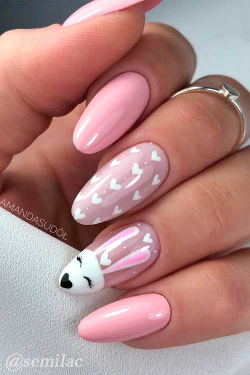 Hybrid Pink Easter Gel Nails with A Bunny and Heart Shapes