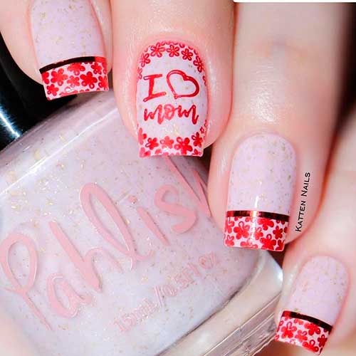 I Heart Mom Nail Art Design with Shimmer Base Coat and Red Stamping Flowers