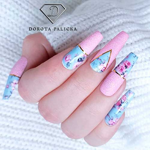 Light Blue and Pink Mother's Day Nails with Floral Nail Art and Glitter