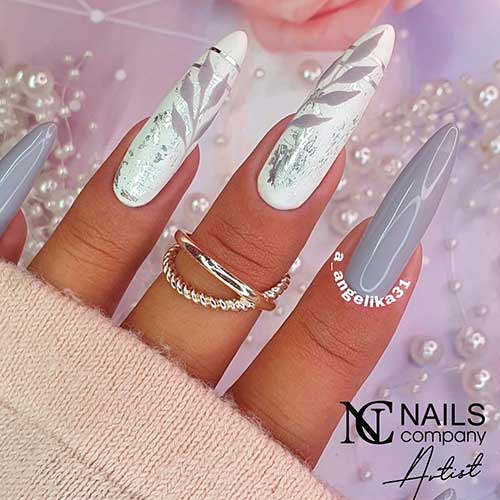 Long Grey and White Nails with Leaf Nail Art and Foil Transfer