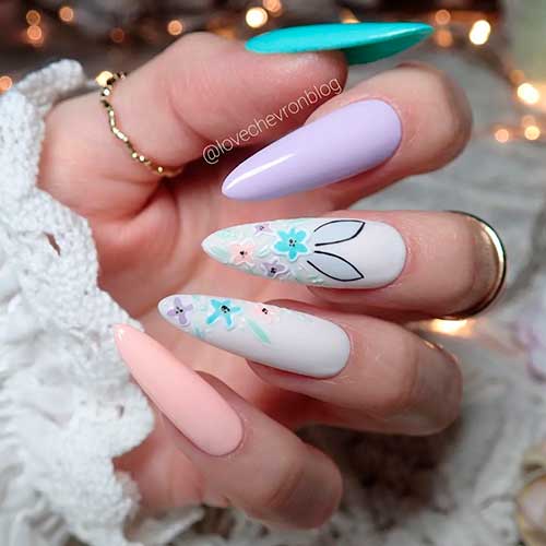 Long Pastel Easter Color Nails with Flowers and A Bunny