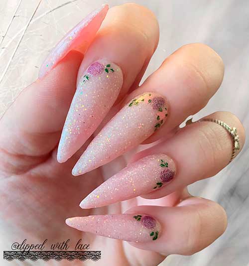 Long Stiletto Shimmery Mother's Day Nails with Delicate Flowers