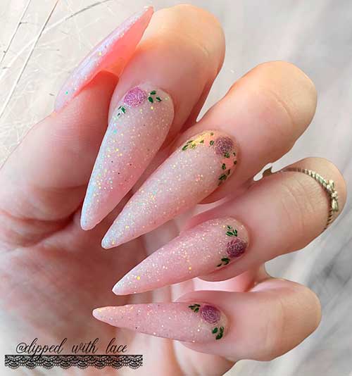 Long Stiletto Shimmery Mother's Day Nails with Delicate Flowers Long Stiletto Shimmery Mother's Day Nails with Delicate Flowers