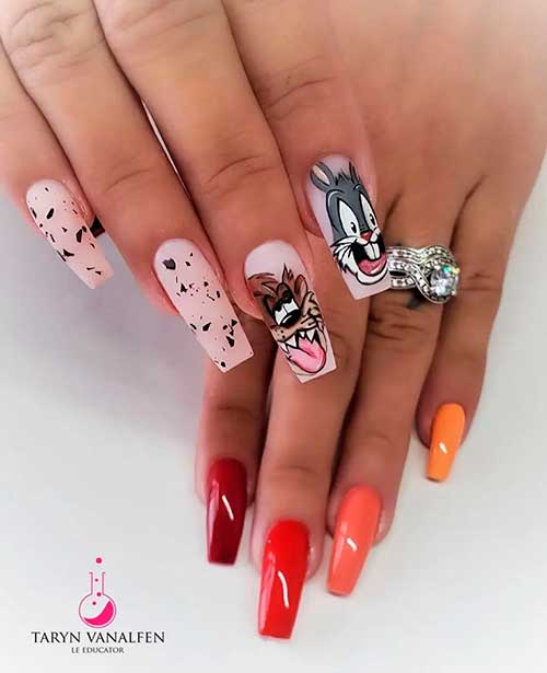 Long Coffin Looney Tunes Cute Easter Nails with Different Multicolo Manicure on the Other Hand